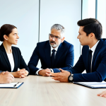 A diverse group of professional colleagues, fully clothed in modest business suits and appropriate attire, are engaged in an empathetic and collaborative discussion around a modern conference table in a brightly lit office meeting room. Their expressions convey understanding and active listening, with natural poses showcasing perfect anatomy, correct proportions, well-formed hands, and proper finger count. The atmosphere is professional, calm, and focused. High-resolution, professional photography, safe for work, appropriate content.