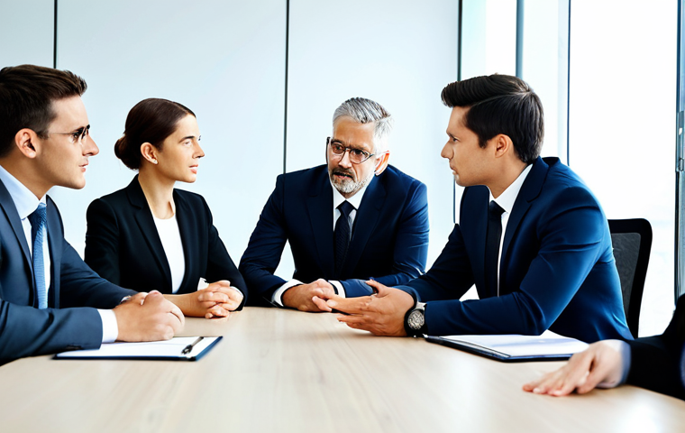 A diverse group of professional colleagues, fully clothed in modest business suits and appropriate attire, are engaged in an empathetic and collaborative discussion around a modern conference table in a brightly lit office meeting room. Their expressions convey understanding and active listening, with natural poses showcasing perfect anatomy, correct proportions, well-formed hands, and proper finger count. The atmosphere is professional, calm, and focused. High-resolution, professional photography, safe for work, appropriate content.