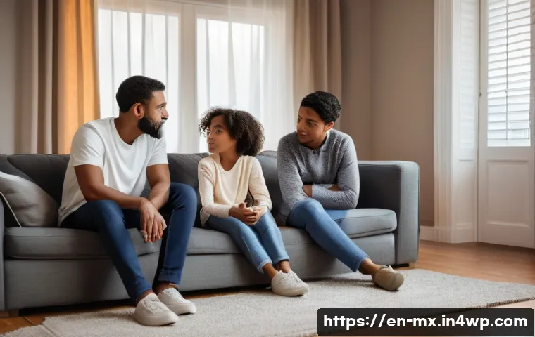 비폭력 커뮤니케이션을 통한 가족 관계 개선 - **Prompt:** A diverse family of four (mother, father, teenage son, and young daughter around 8 years...