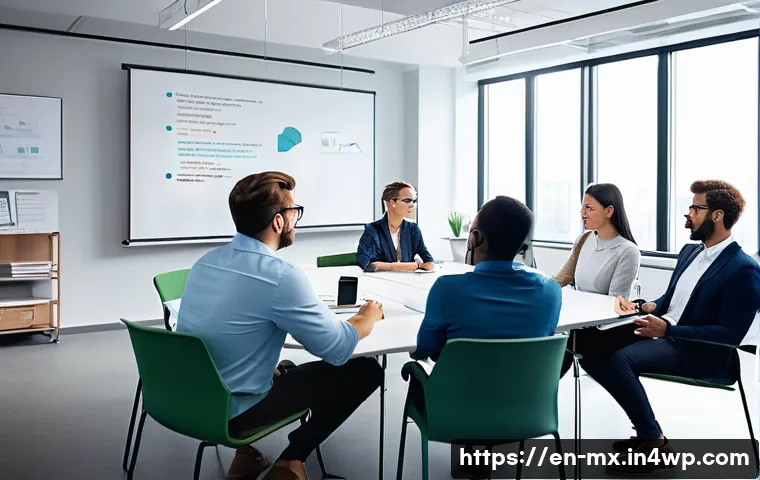 비폭력 커뮤니케이션과 직장 내 소통 - A modern office meeting room scene showing a diverse group of professionals engaged in active listen...