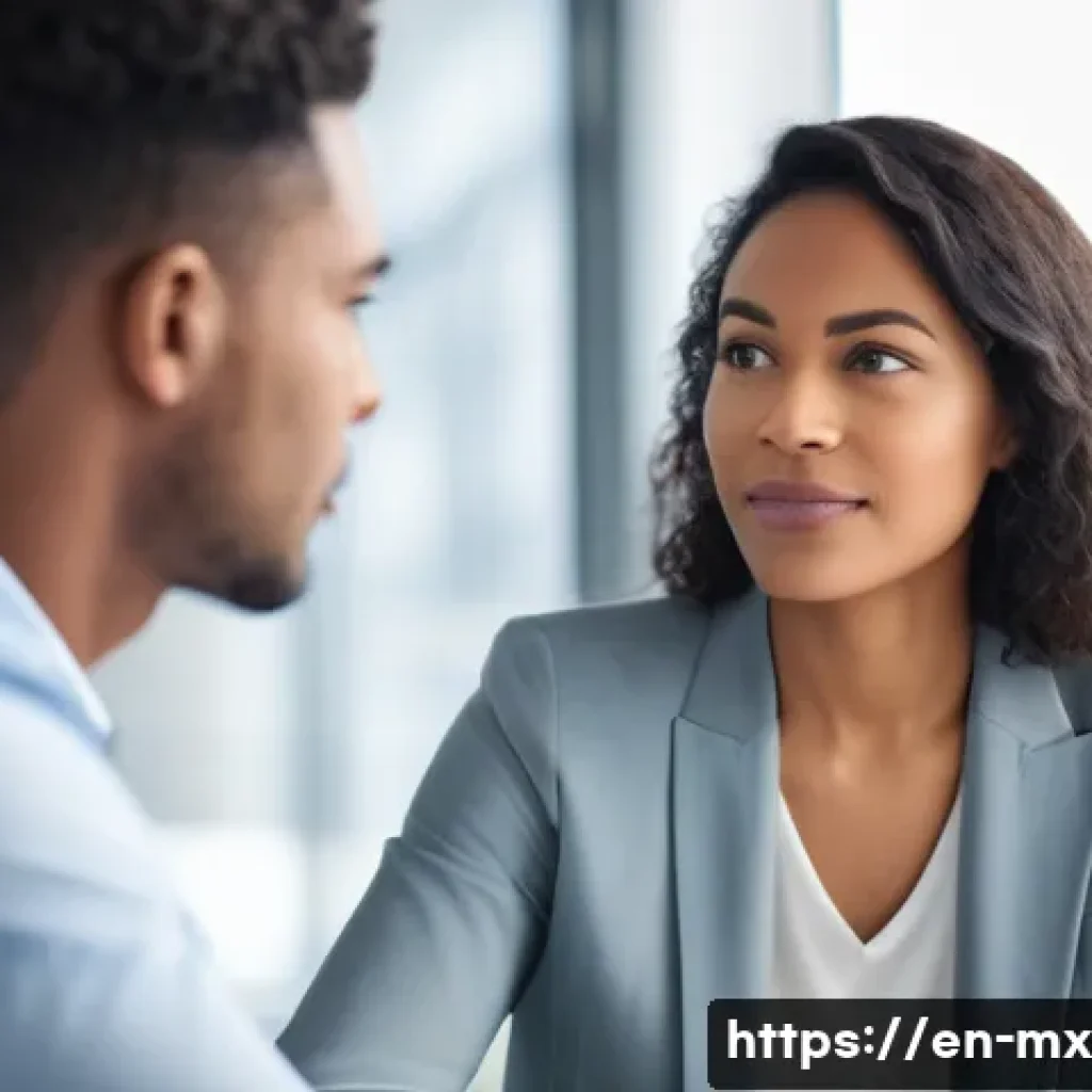 비폭력 커뮤니케이션의 심리학 - A warm, inviting office setting with two diverse adults engaged in a deep conversation, one person a...