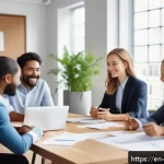 비폭력 커뮤니케이션과 창의적 문제 해결 - A diverse group of professionals engaged in a creative brainstorming session around a modern confere...