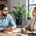 비폭력 커뮤니케이션의 실천적 접근 - A serene office meeting scene featuring diverse coworkers engaged in calm, respectful conversation. ...