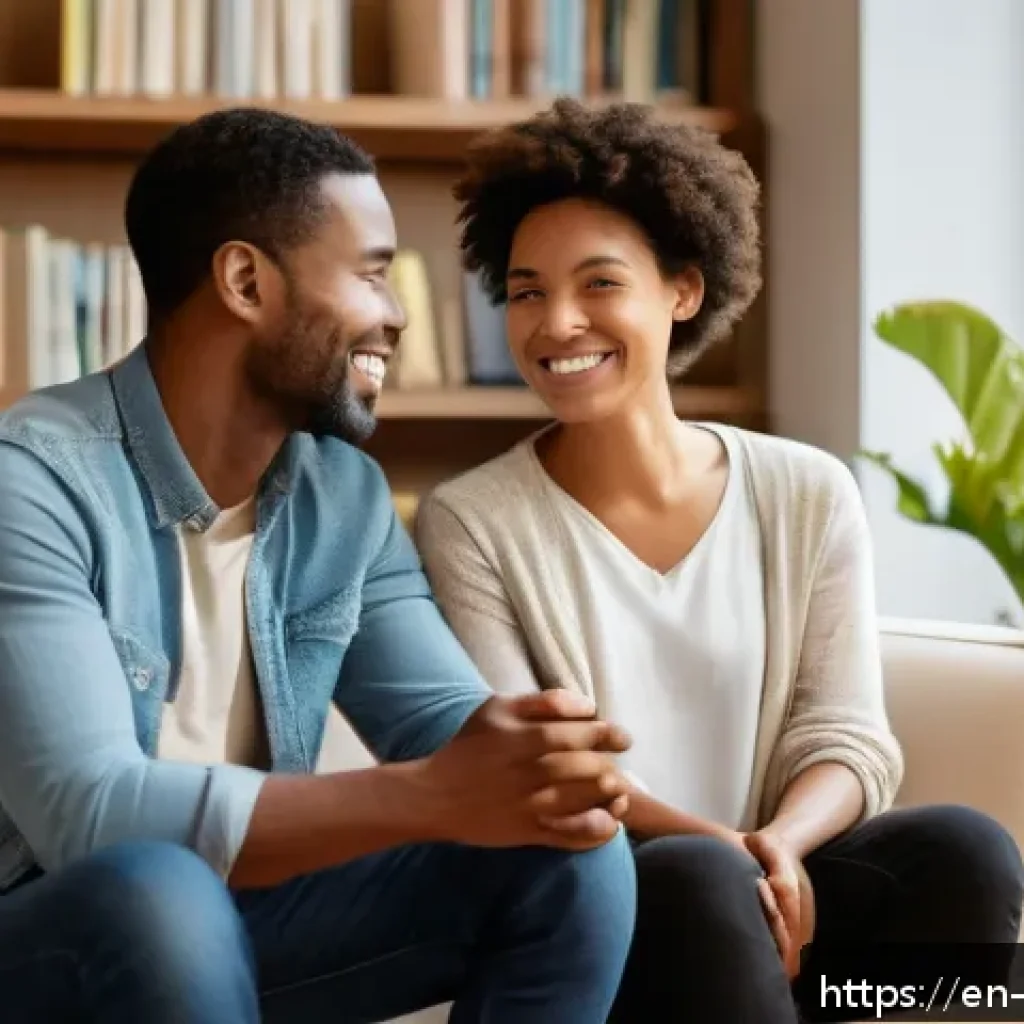 비폭력 커뮤니케이션과 자기 정체성 - A warm, inviting living room scene where two diverse adults sit comfortably facing each other, engag...