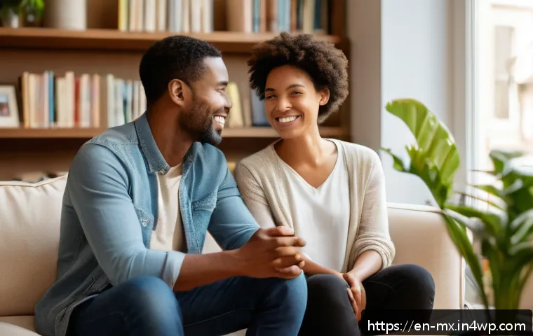 비폭력 커뮤니케이션과 자기 정체성 - A warm, inviting living room scene where two diverse adults sit comfortably facing each other, engag...