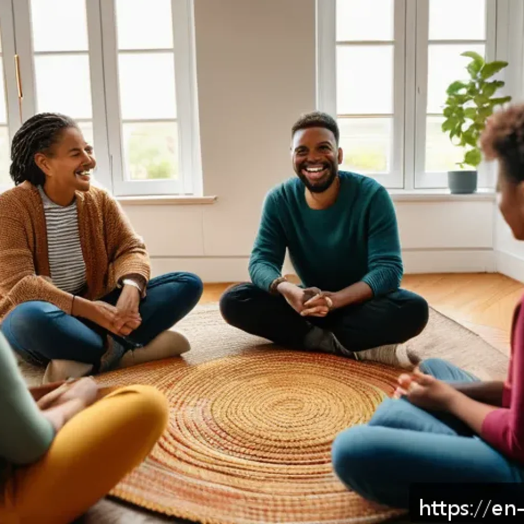 비폭력 커뮤니케이션을 위한 그룹 활동 - A diverse small group of adults sitting in a cozy, well-lit room arranged in a circle for a storytel...