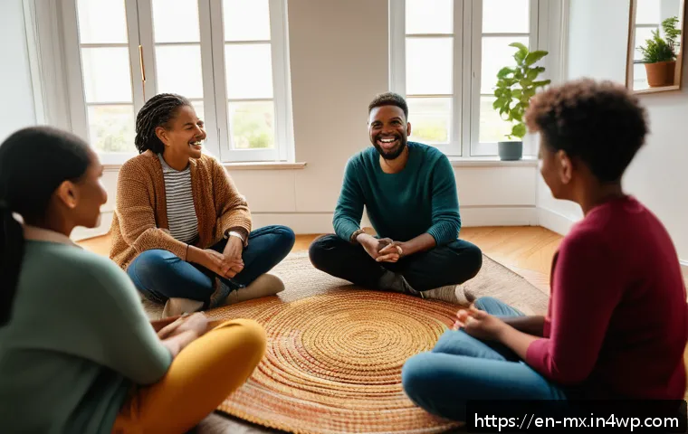 비폭력 커뮤니케이션을 위한 그룹 활동 - A diverse small group of adults sitting in a cozy, well-lit room arranged in a circle for a storytel...