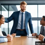 Home 19 비폭력 커뮤니케이션의 성공적인 적용 사례 - A diverse group of professional colleagues in a modern office setting engaged in a calm, empathetic ...