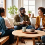 Home 18 비폭력 커뮤니케이션의 심리적 기초 - A diverse group of people sitting in a cozy, sunlit room engaged in active listening during a heartf...