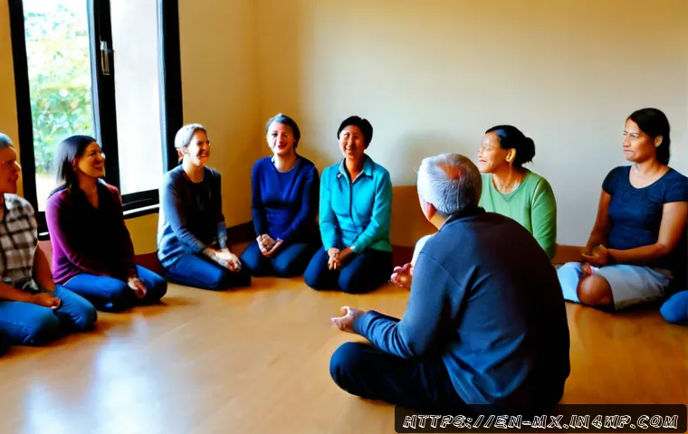 비폭력 커뮤니케이션을 위한 실천 공동체 - Photorealistic community workshop in a bright public library meeting room, a diverse group of adults...