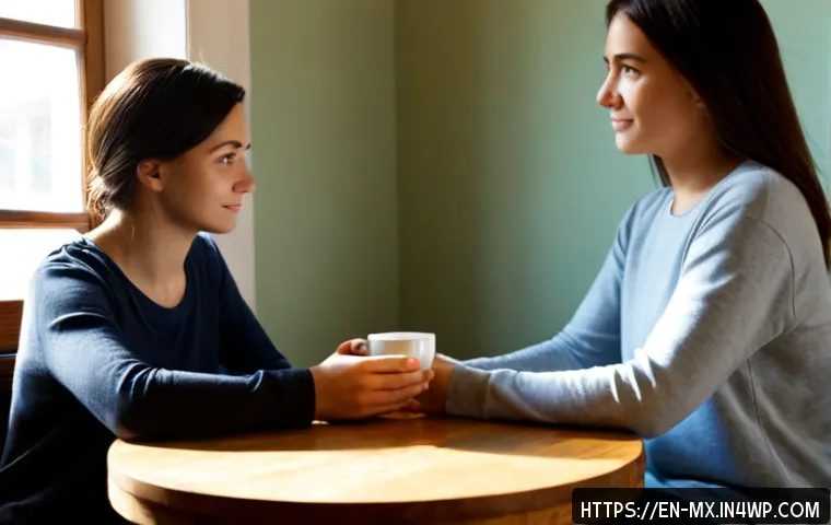 비폭력 커뮤니케이션과 관계의 회복 - Photorealistic counseling scene of two adult friends rebuilding trust, seated across from each other...