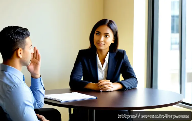 Home 17 비폭력 커뮤니케이션의 실습 사례 - Photorealistic workplace conflict-resolution practice, two diverse adult colleagues seated across a ...