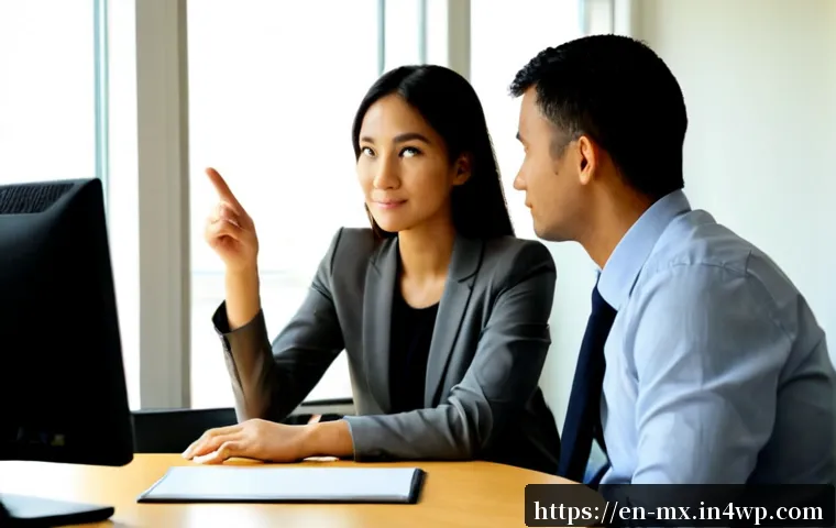 비폭력 커뮤니케이션과 자기 표현 - Photorealistic scene of two adult coworkers seated across a small round table in a bright modern com...